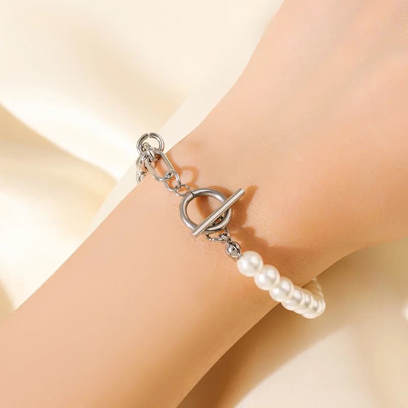 Asymmetric Pearl Necklace and Bracelet Set, Silver