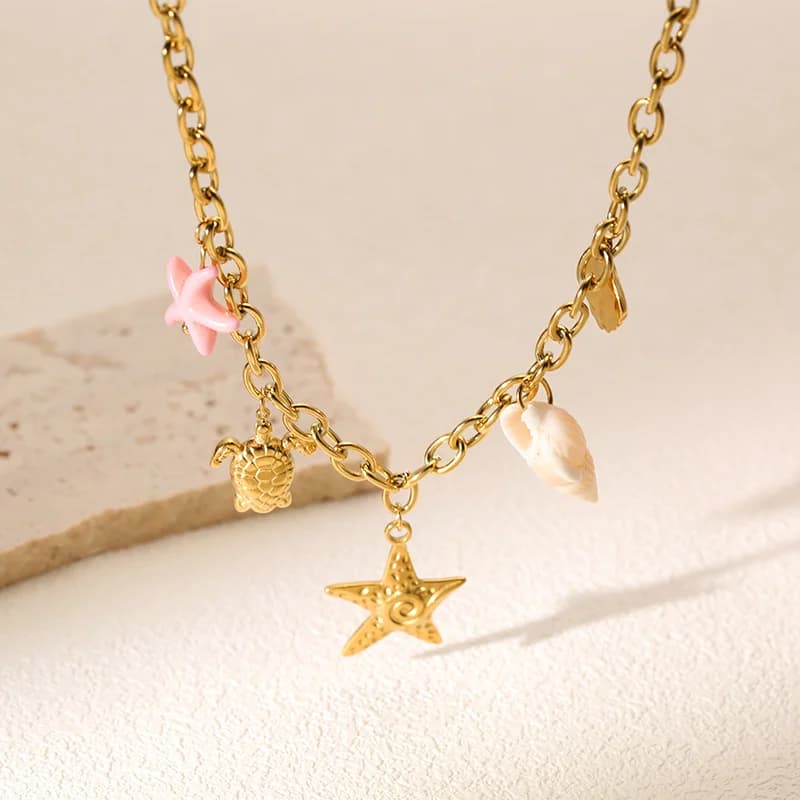 Gold Starfish Turtle Pendant Necklace