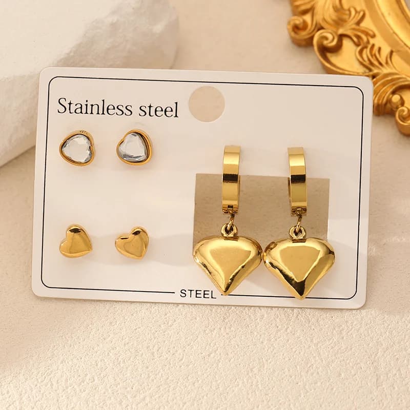 3-Pair Zircon Heart Stud and Drop Earring Set