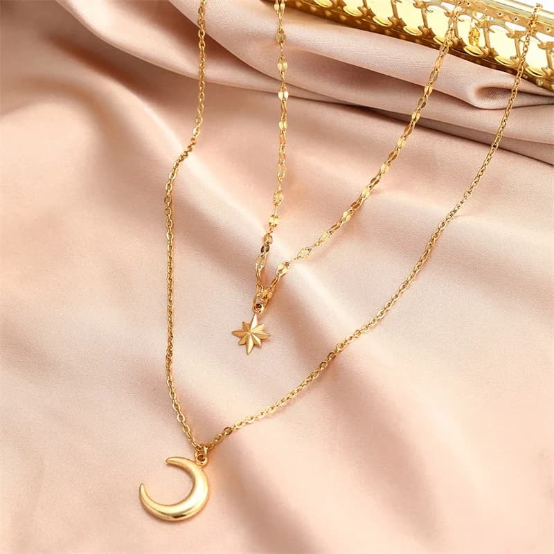 Retro Star Moon Pendant Necklace, Gold Plated