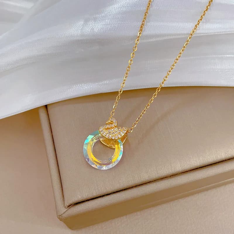Zircon Moon Heart Pendant Necklace, Gold Plated