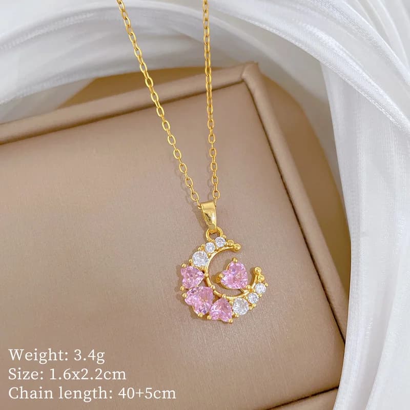 Zircon Moon Heart Pendant Necklace, Gold Plated