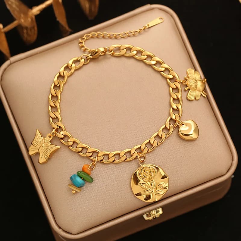 Flower and Star Charm Bracelet with Pearls