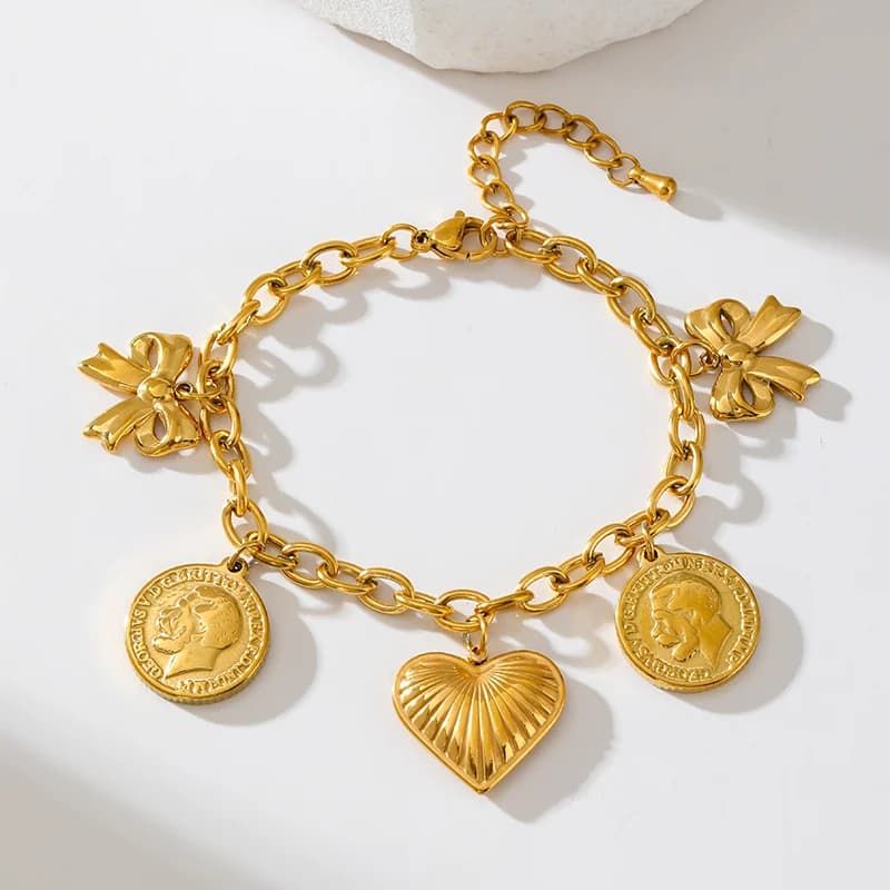 Heart Sun Charm Bracelet, Gold, PVD Plated