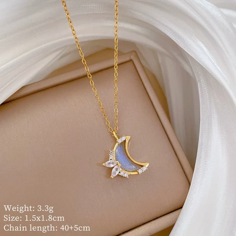 Zircon Moon Heart Pendant Necklace, Gold Plated