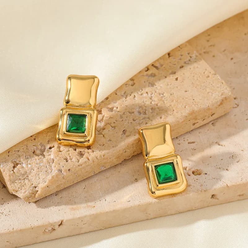316L Stainless Steel Square Green Crystal Stud Earrings