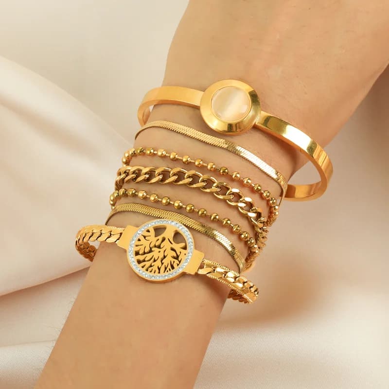 สร้อยข้อมือโซ่สแตนเลสมulti-layer สีทอง
