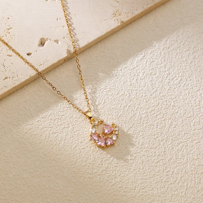 Zircon Moon Heart Pendant Necklace, Gold Plated