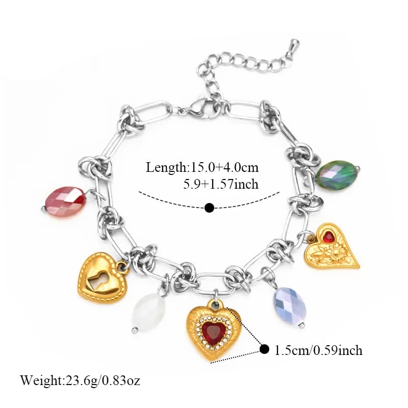 Stainless Steel Heart Zircon Charm Bangle Bracelet