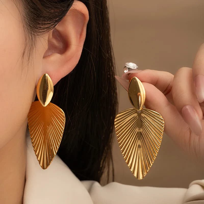 Gold Feather Leaf Drop Dangle Earrings
