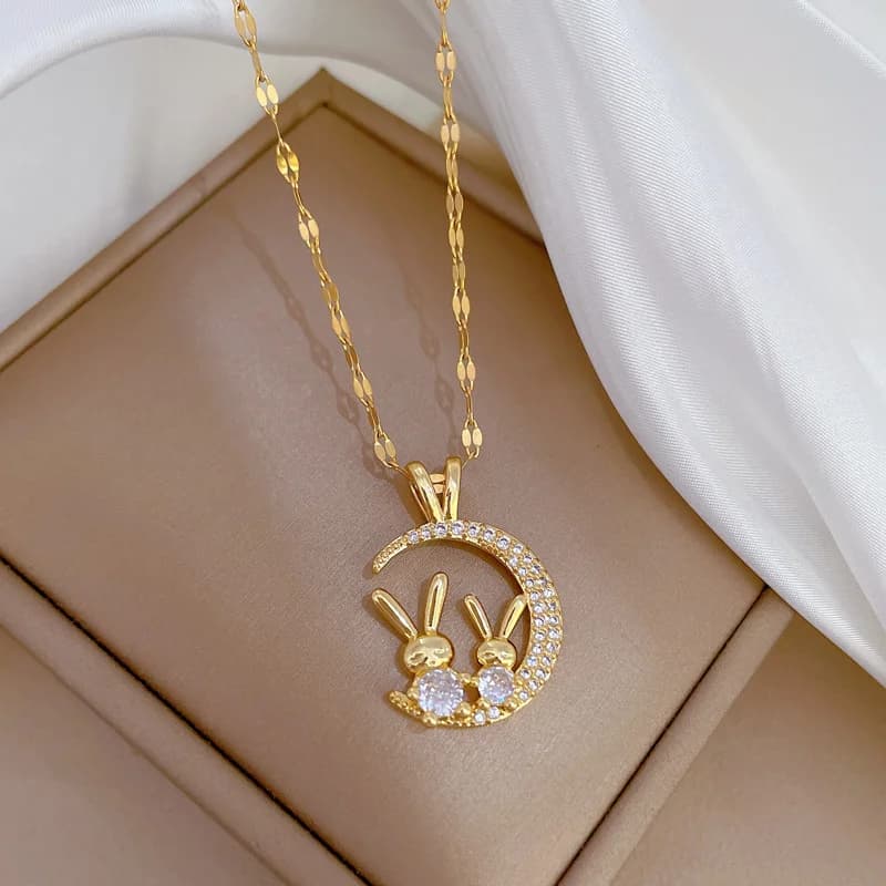 Zircon Moon Heart Pendant Necklace, Gold Plated