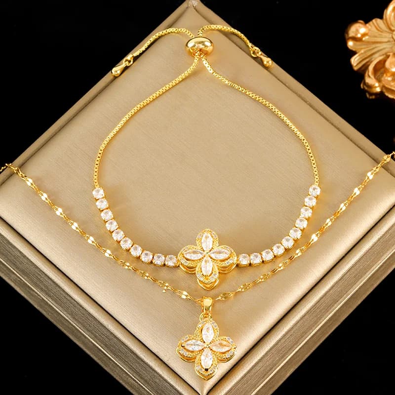ชุดสร้อยคอและสร้อยข้อมือจี้โคลเวอร์เขียวหมุนได้ประดับเพชร Zircon