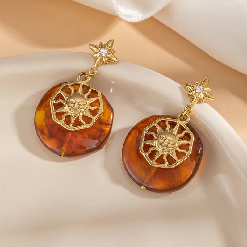 Vintage Sun Star Amber Dangle Earrings