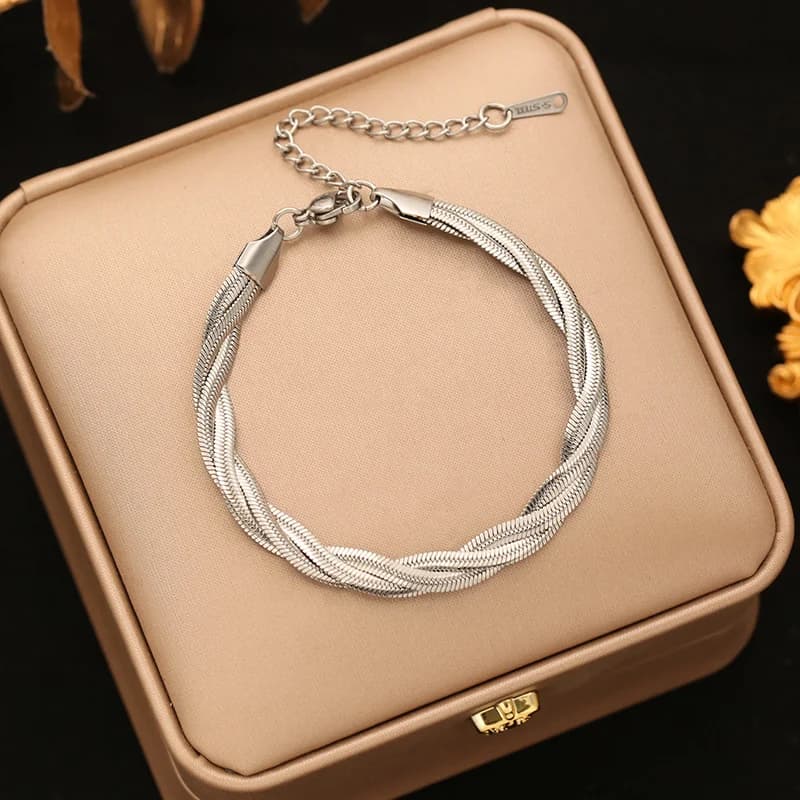Stainless Steel Three-Layer Crossed Chain Bangle