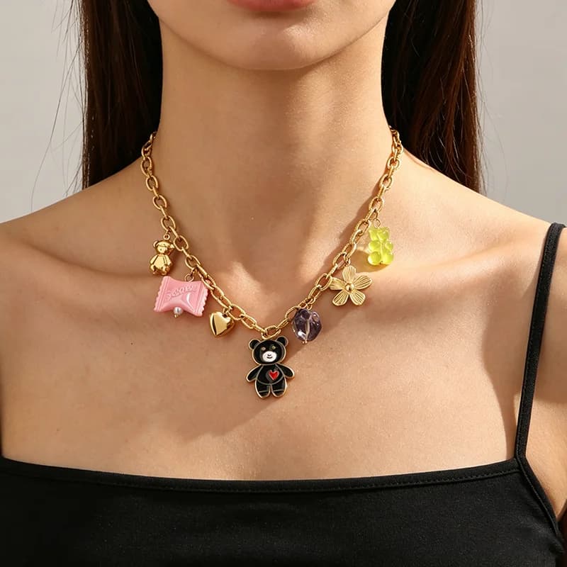 Multiple Charms Pendant Necklace, 18K Gold PVD
