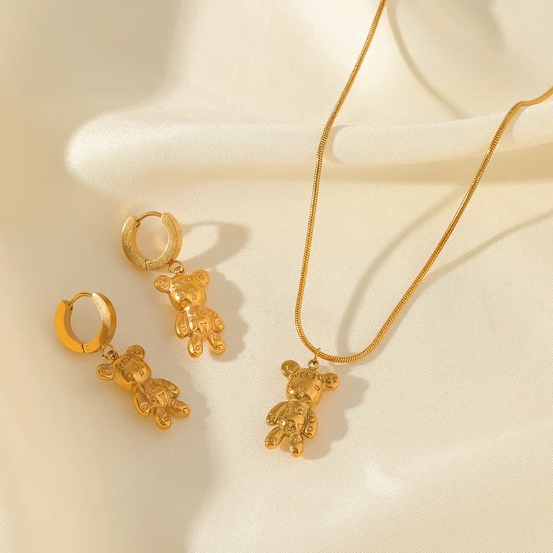 Bear Flower Necklace and Earrings Set, Gold