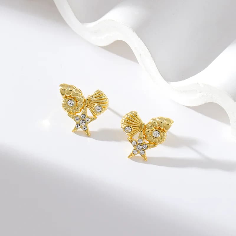 Stainless Steel Starfish Shell Zircon Stud Earrings
