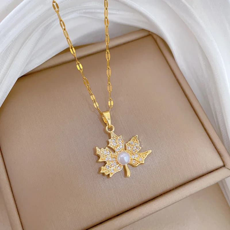 Gold Plated Maple Leaf Pearl Pendant Necklace