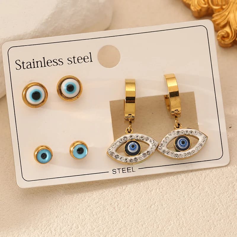 3-Pair Blue Eye Cubic Zirconia Stud Earring Set