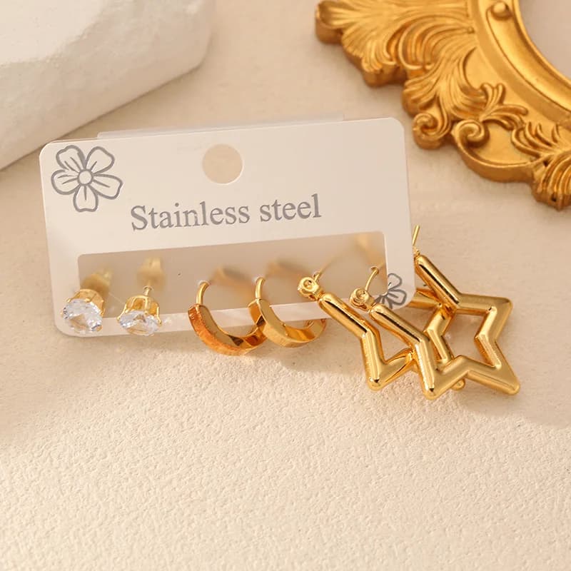 3-Pair Zircon Star Stud Earring Set