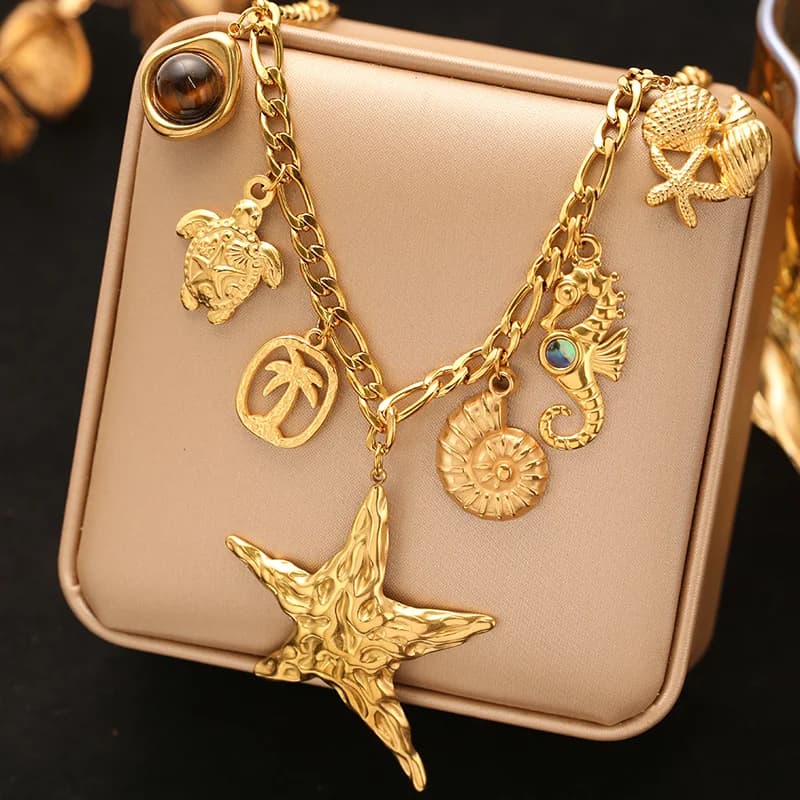 Multiple Charms Pendant Necklace, 18K Gold PVD