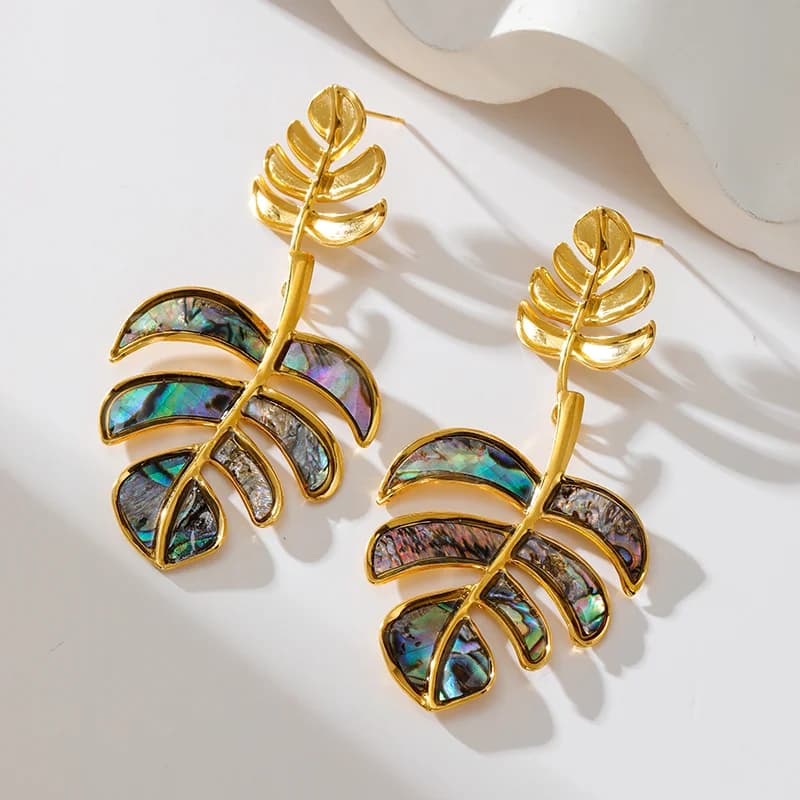 Palm Leaves Drop Dangle Earrings, Gold Plated