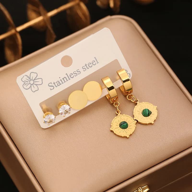 3-Pair Round Black Roman Numeral Earrings Set