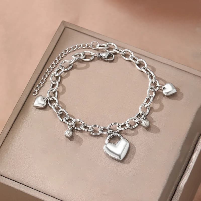 Silver Color Heart Beads Charm Bangle
