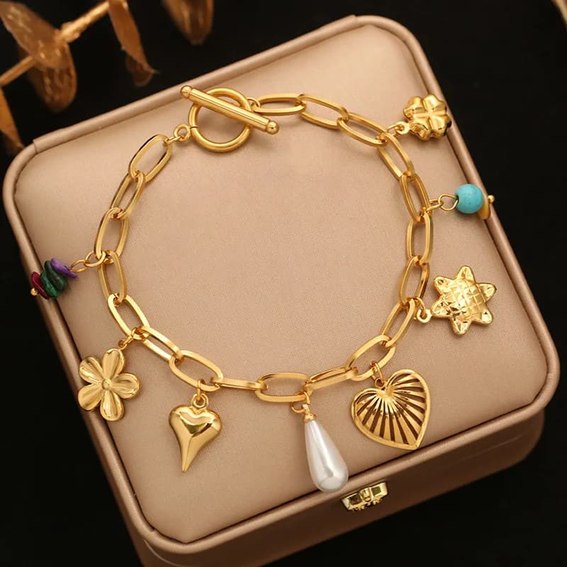 Flower and Star Charm Bracelet with Pearls