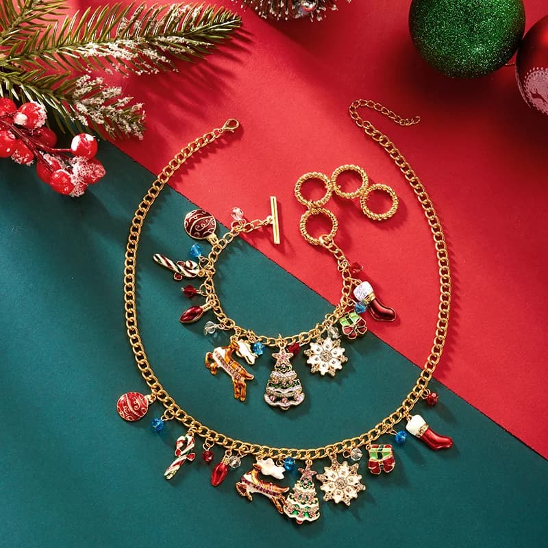 Christmas Tree, Snowflake, and Reindeer Pendant Necklace
