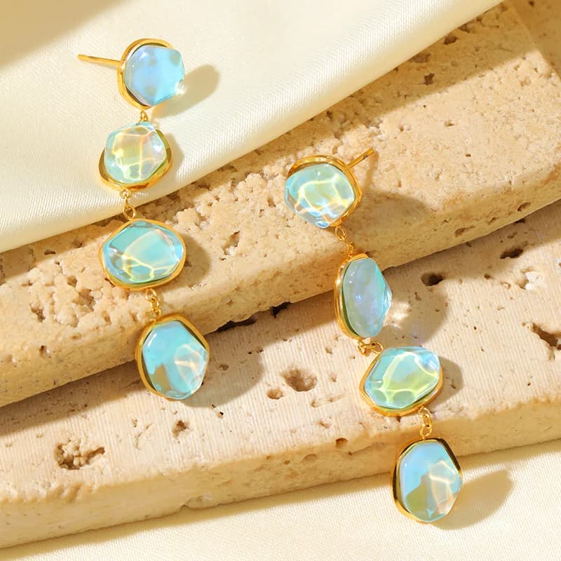 Natural Stone Butterfly Flower Dangle Earrings, Gold