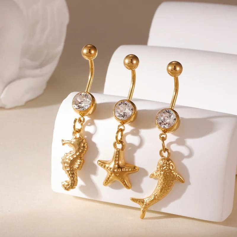 3Pcs Starfish Octopus Belly Button Rings, White Zircon