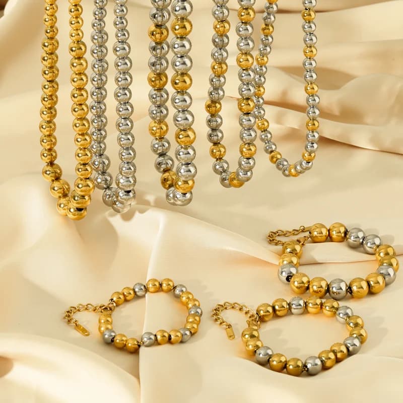 Gold and Silver Solid Bead Necklace Bracelet Set