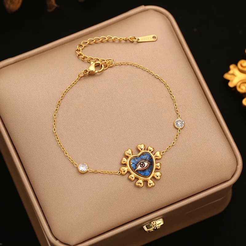 Hollow Heart-Shaped Chain Bangle, Gold Stainless Steel