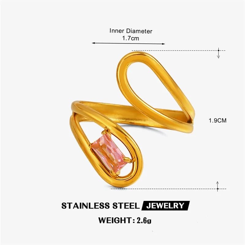 Geometric Glass Zircon Adjustable Ring, 18K Gold Plated