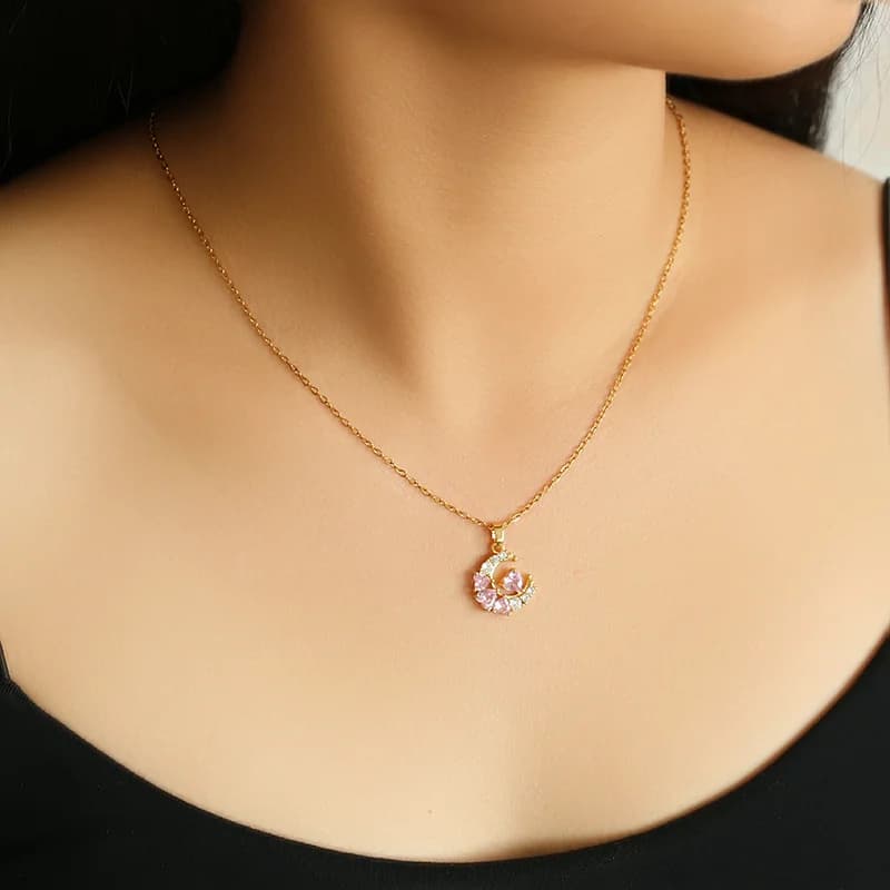 Zircon Moon Heart Pendant Necklace, Gold Plated