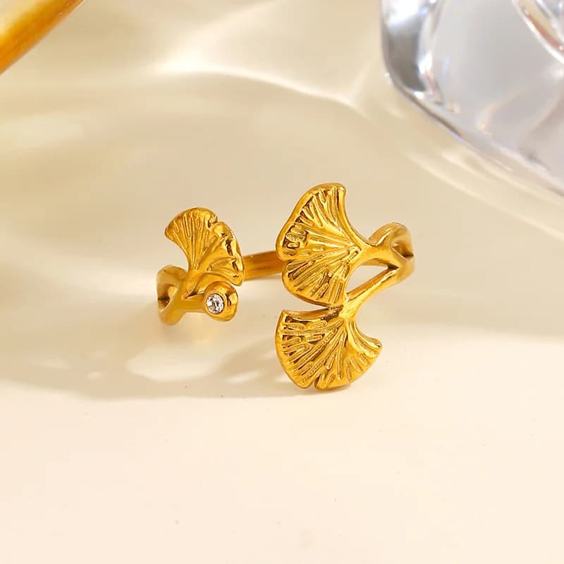 Ginkgo Leaf Zircon Adjustable Ring, Stainless Steel