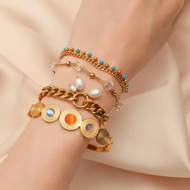 กำไลข้อมือทรงกลมประดับหินสี สแตนเลส