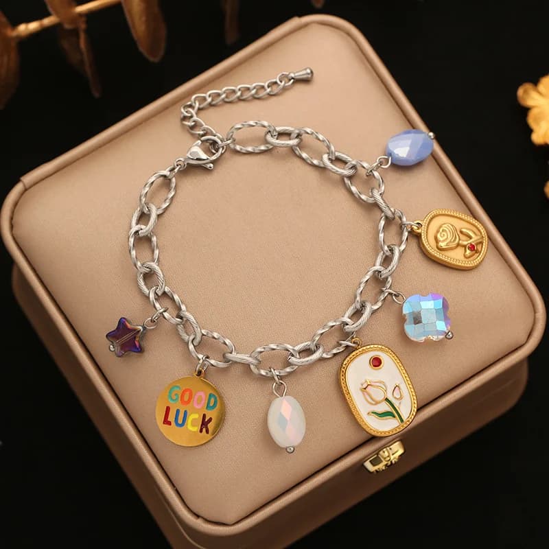 Stainless Steel Heart Zircon Charm Bangle Bracelet