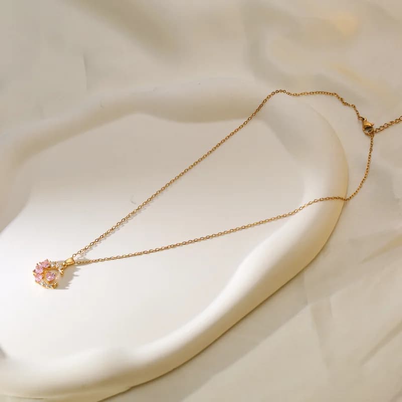 Zircon Moon Heart Pendant Necklace, Gold Plated