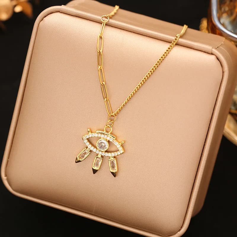 Zircon Moon Heart Pendant Necklace, Gold Plated