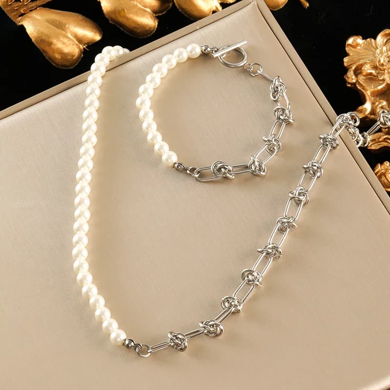 Asymmetric Pearl Necklace and Bracelet Set, Silver