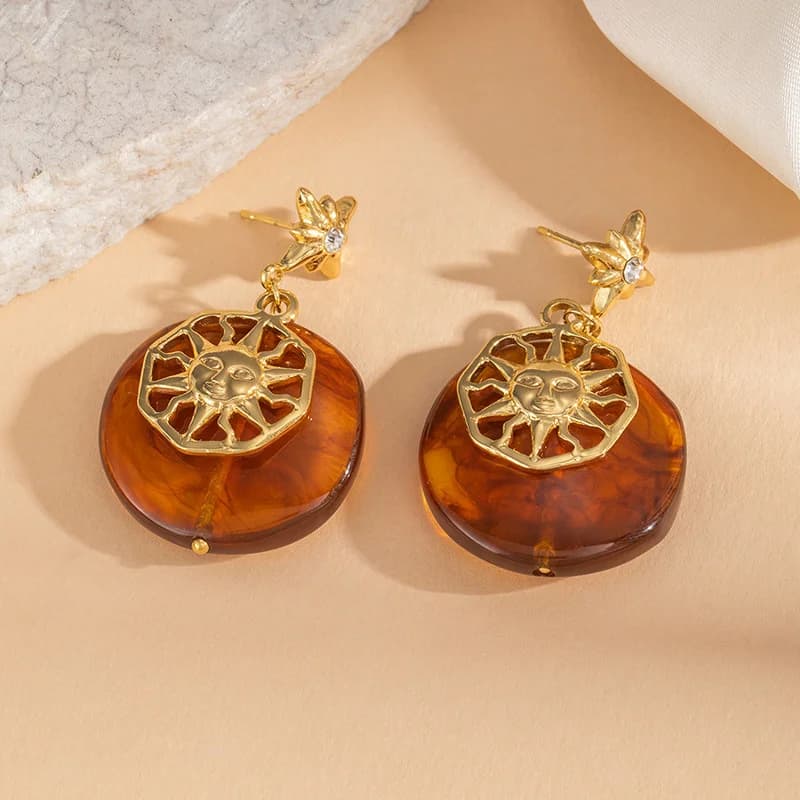 Vintage Sun Star Amber Dangle Earrings