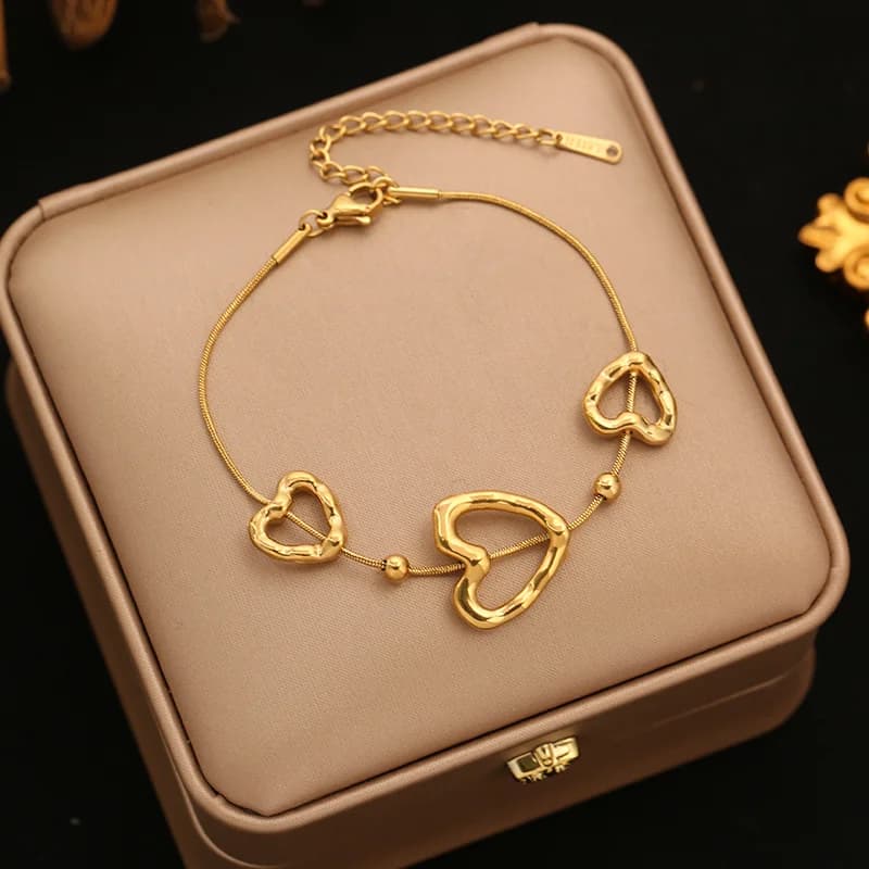 Hollow Heart-Shaped Chain Bangle, Gold Stainless Steel