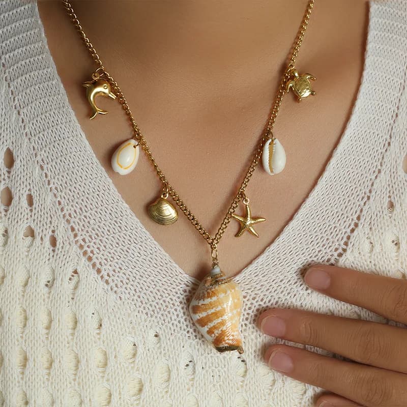 Shell Starfish Pendant Necklace, Ocean Style