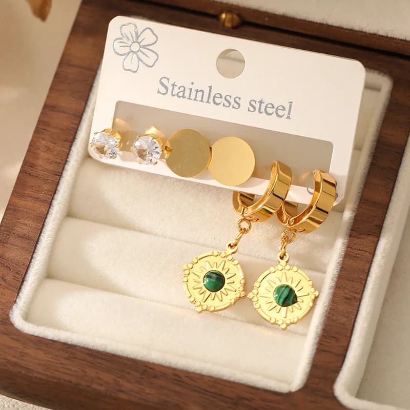 3-Pair Vintage Green Stone Drop Earring Set