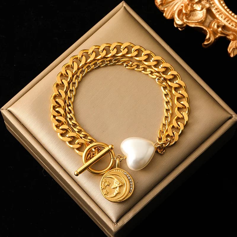 Heart Sun Charm Bracelet, Gold, PVD Plated
