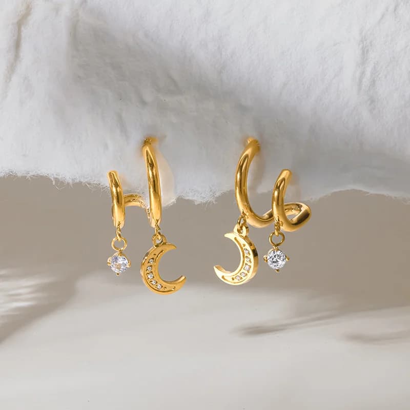 Zircon Moon Stud Earrings, Stainless Steel