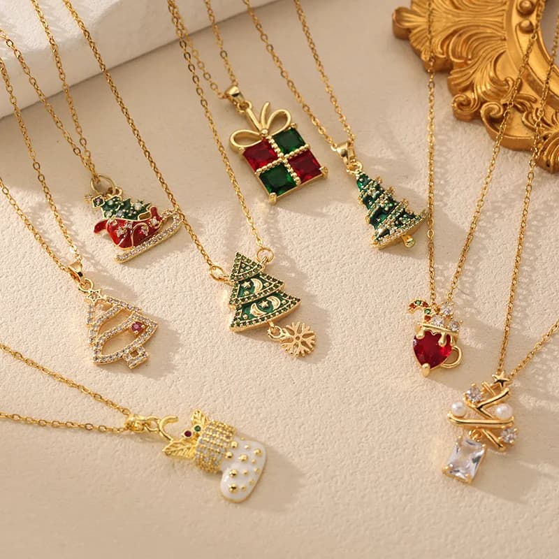 Enamel Christmas Tree Bell and Snowflake Pendant Necklace
