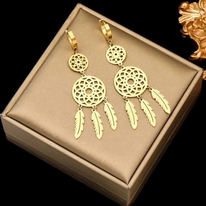 Stainless Steel Gold Long Dangle Earrings